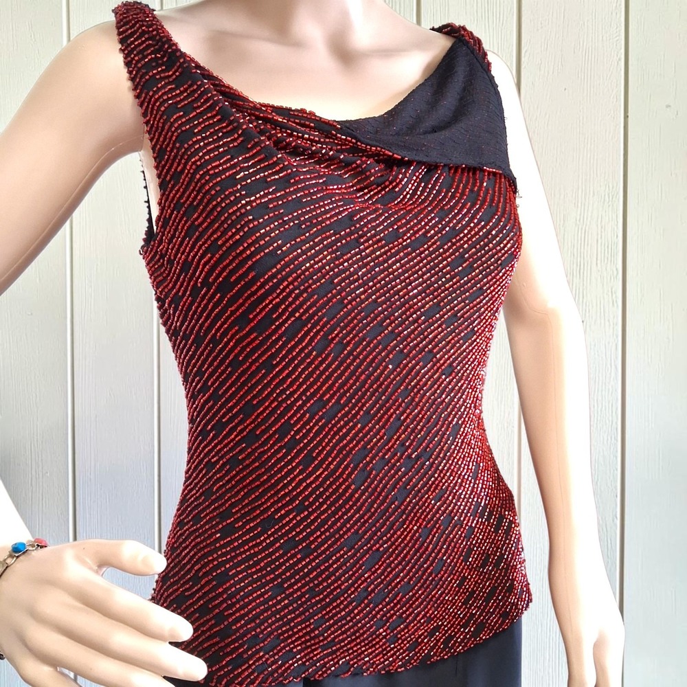 Vintage 90s J. Kara Red Beaded Top Asymmetrical Draped Cowl Neck Vampy Glam S